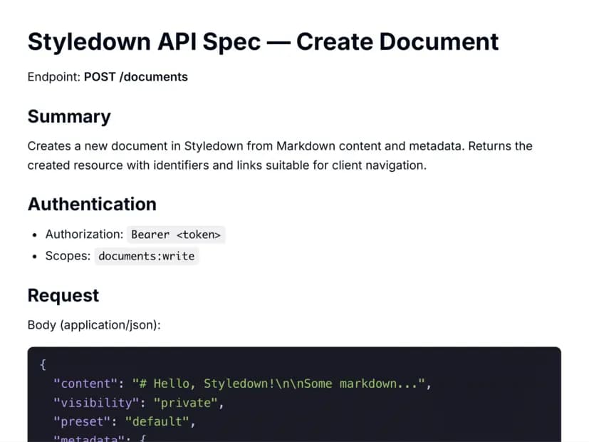 Styledown PDF export showing professional typography and layout