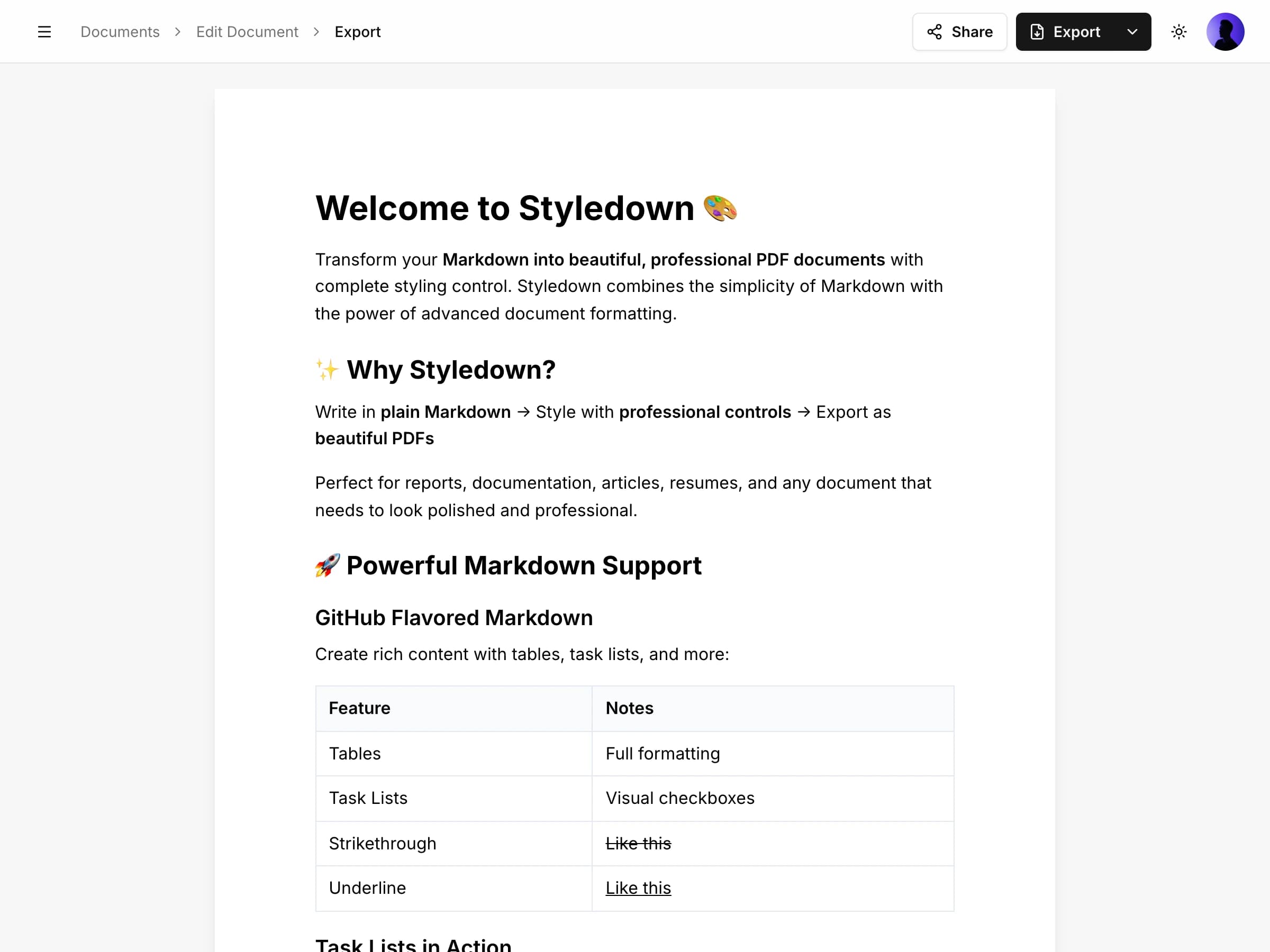 Document export options